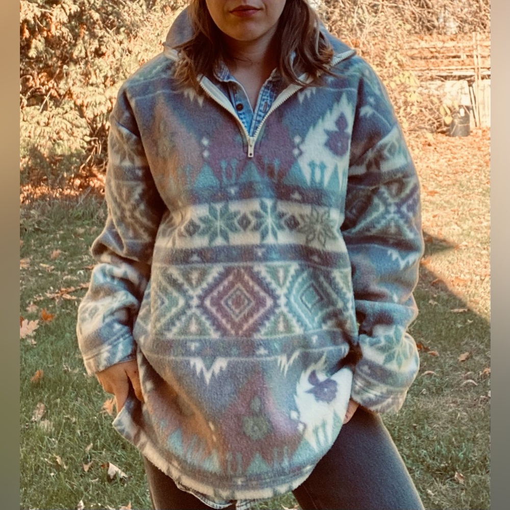 VINTAGE LOCKER SHOP ATHLETICS fleece southwestern aztec sweater 1/4 zip XL